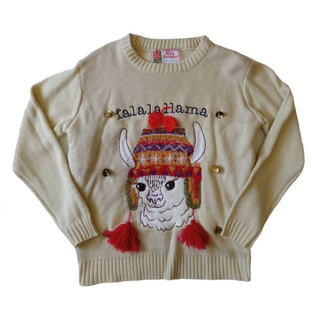 Falalallama Cream Beige Embellished Knit Ugly Christmas Sweater Women's Medium